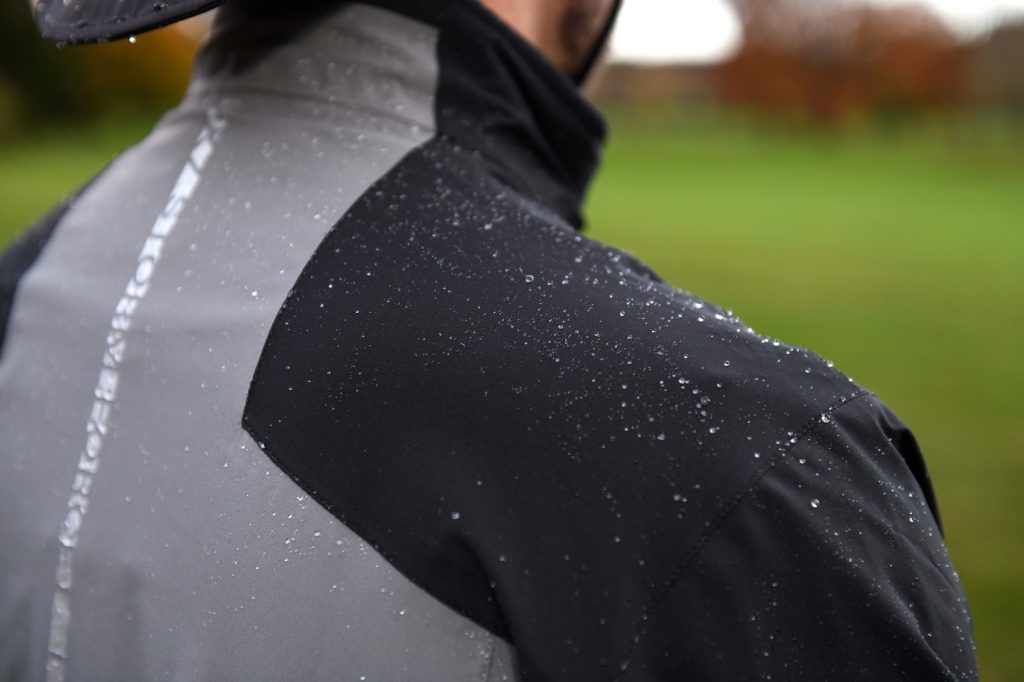 Water droplets on a ProQuip golf rain j