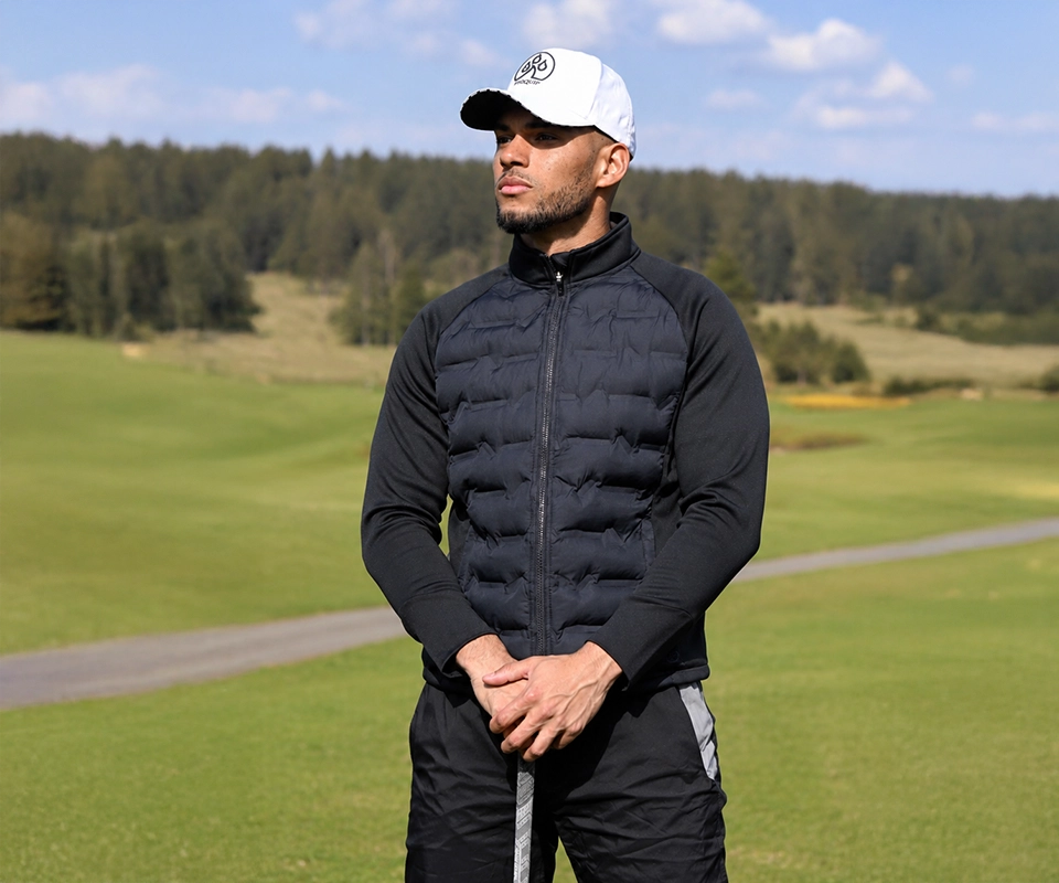 A man stands on the fairway in a Proquip cap with a windproof golf jacket on